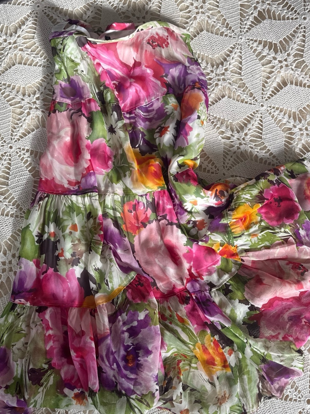 Floral Tiered Ruffle Midi skirt — Pink, Purple & Green jones New York 100% silk